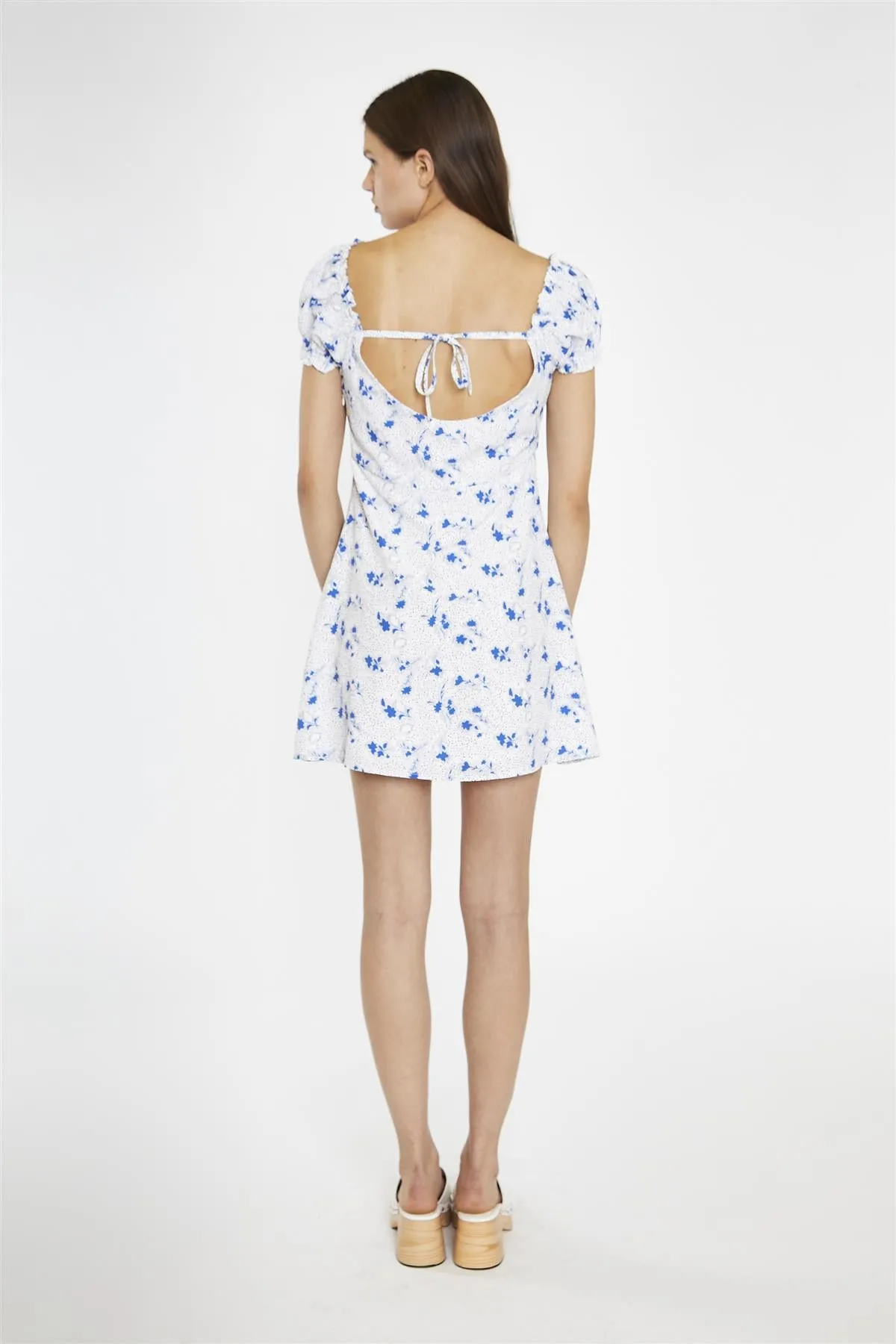 Blue-Dot Vintage-Floral Gathered Neckline Mini-Dress