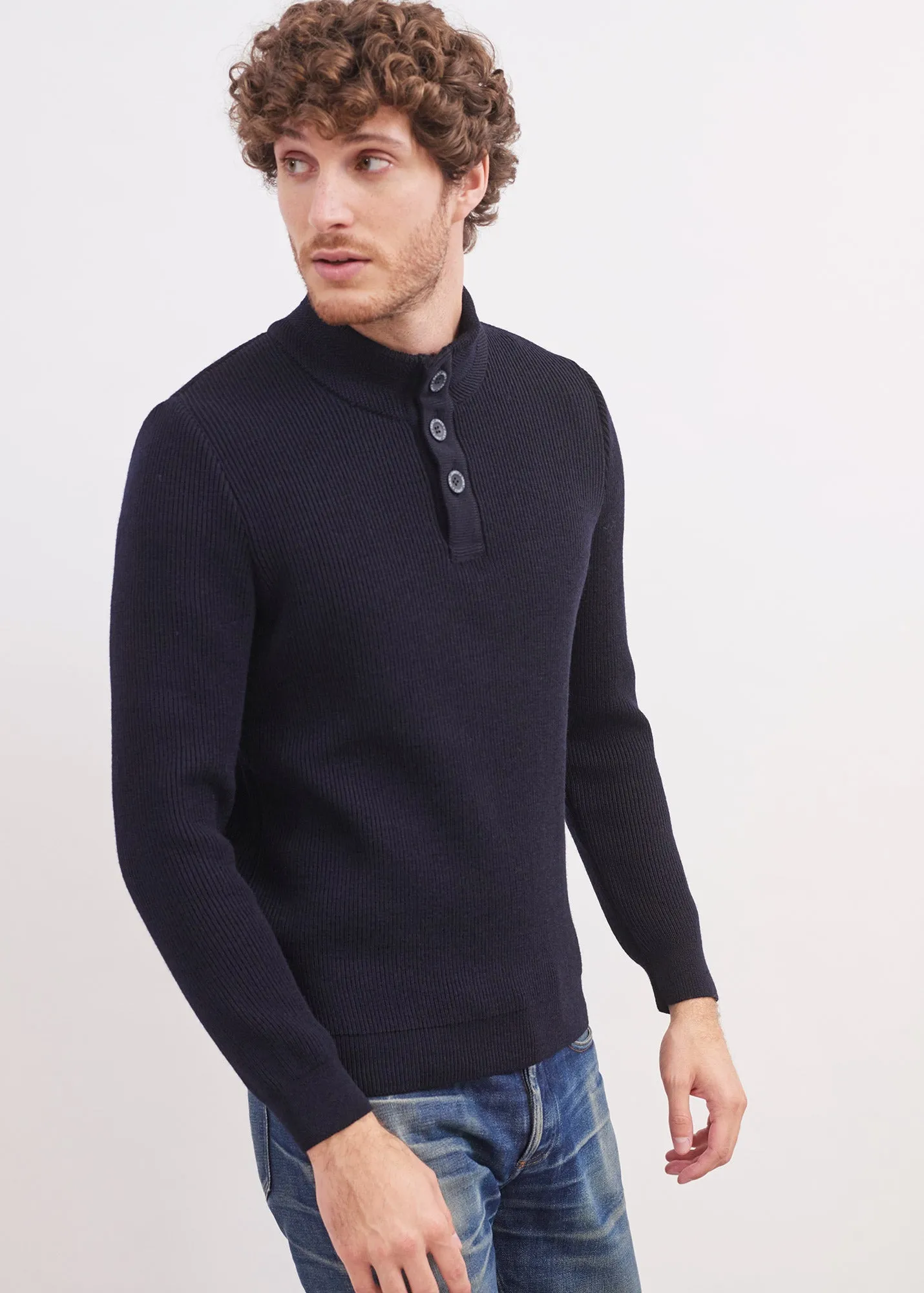 Navy Wool Herringbone High-Neck Buttoned Jumper - Bourboule Collection