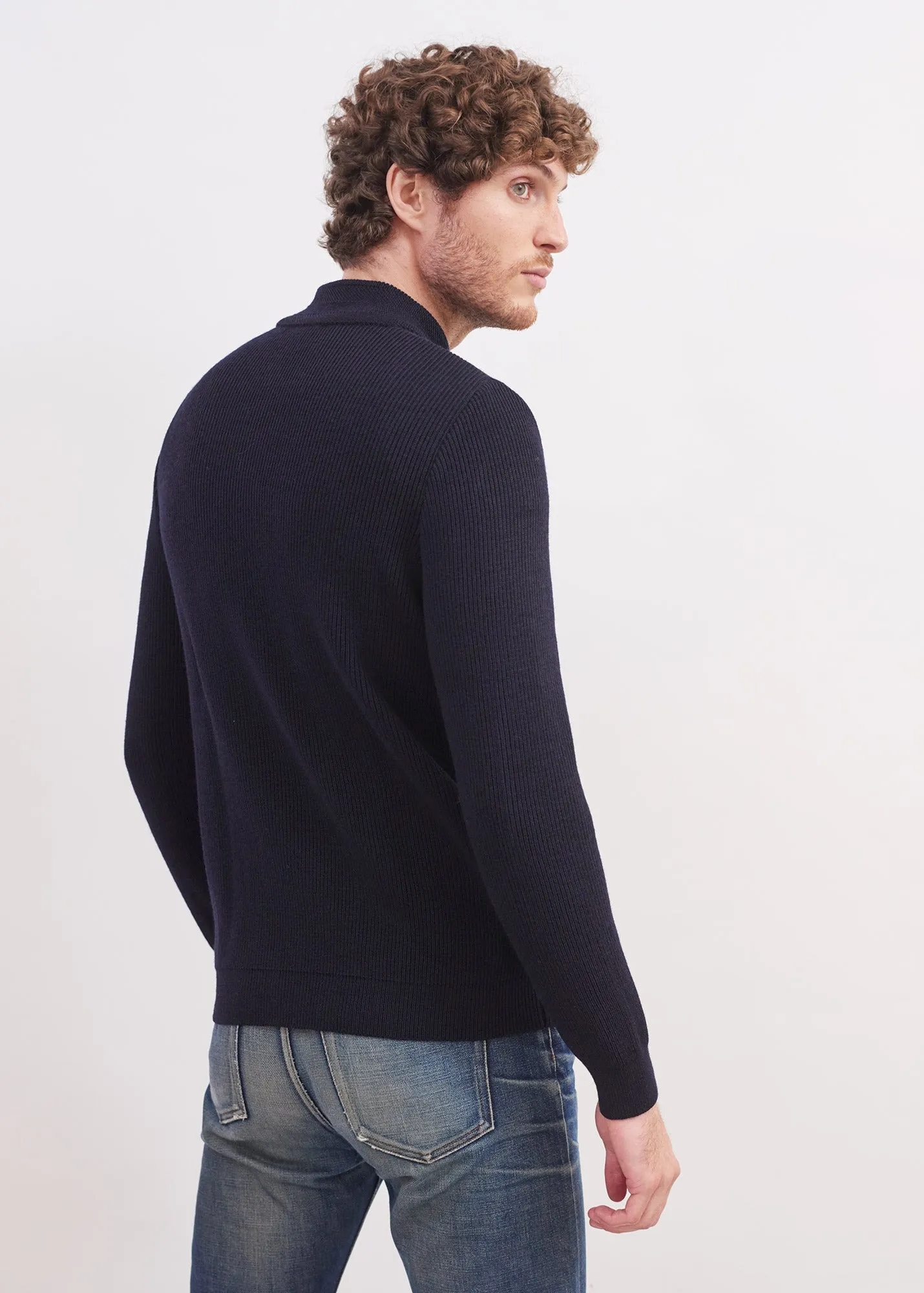 Navy Wool Herringbone High-Neck Buttoned Jumper - Bourboule Collection