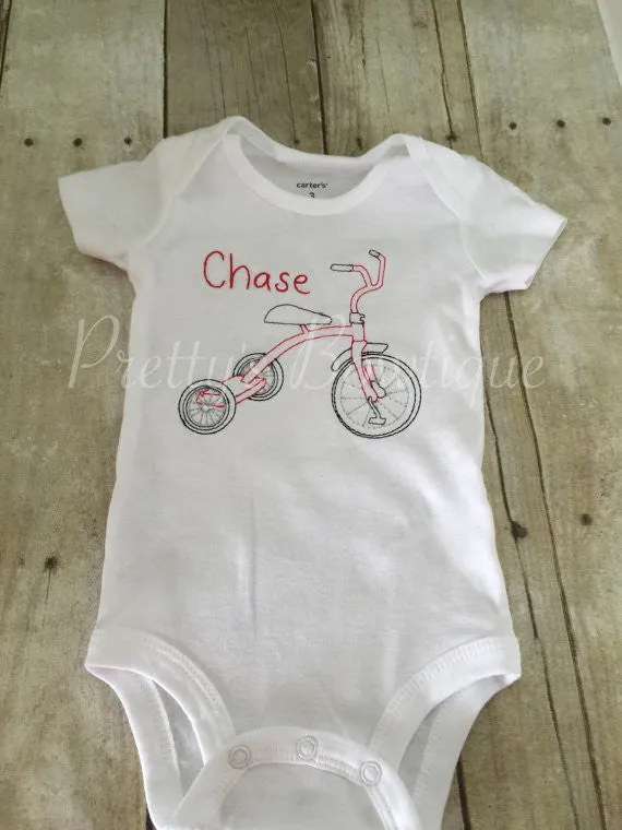 Boys Vintage Stitch Tricycle Shirt -- Little Red Tricycle Embroiderd Shirt or Body suit Personalized