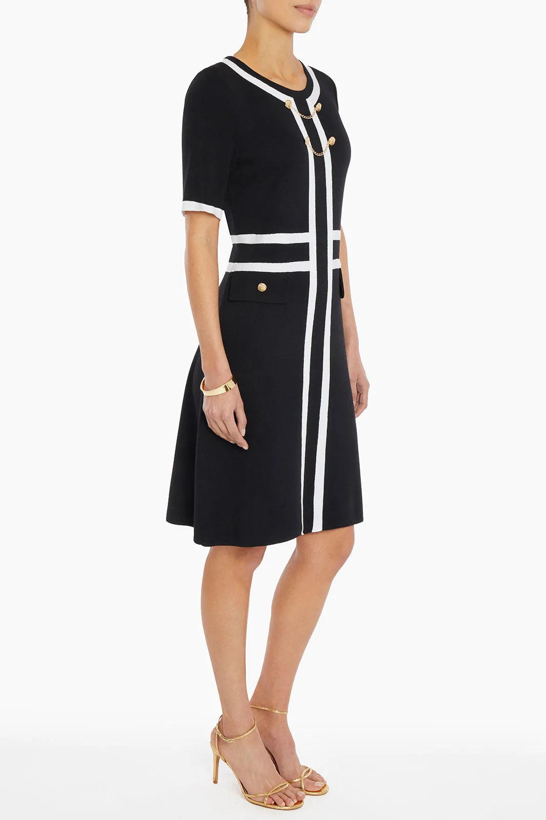 Button Detail Contrast Trim Soft Knit Dress, Black