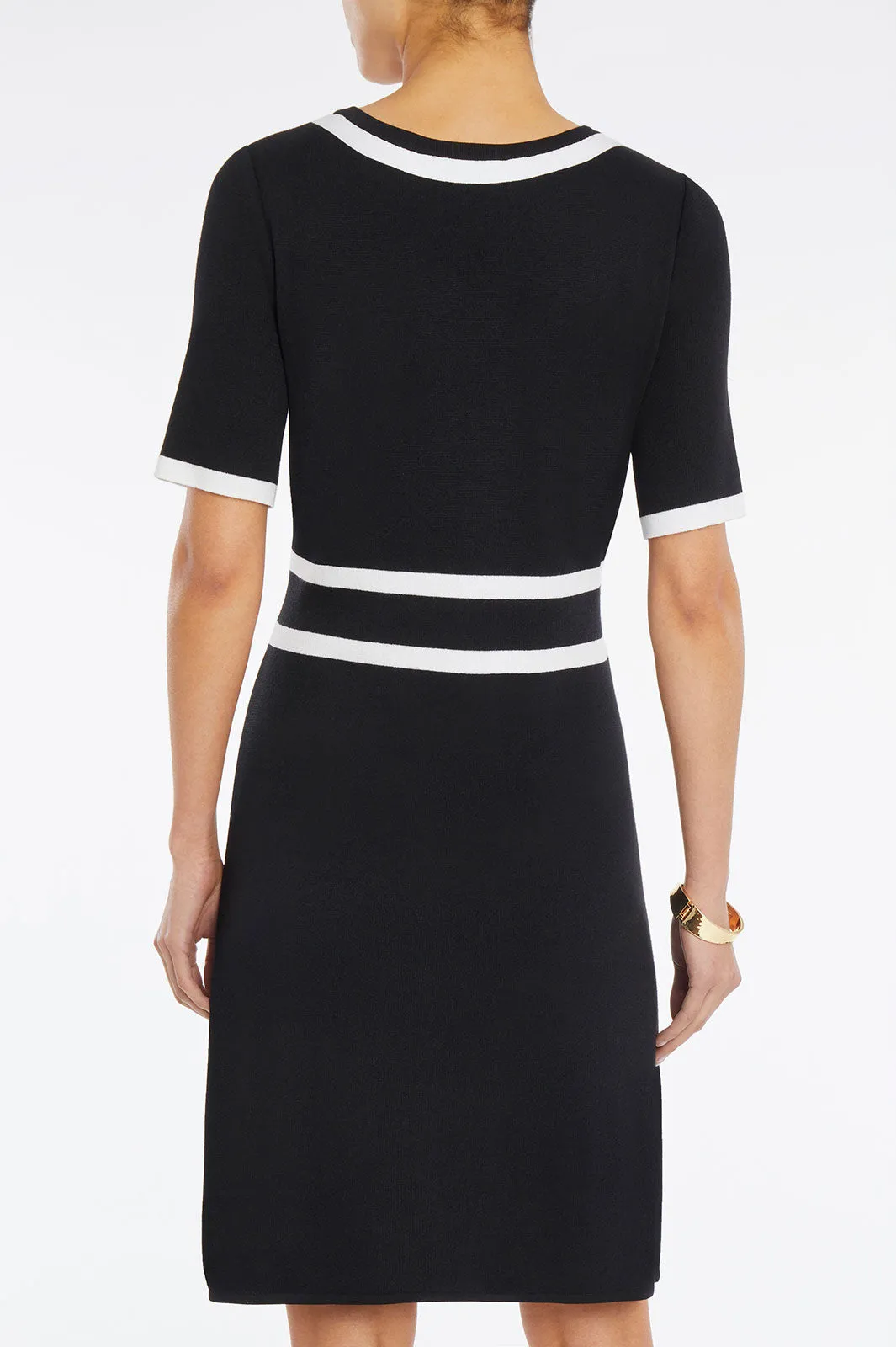 Button Detail Contrast Trim Soft Knit Dress, Black