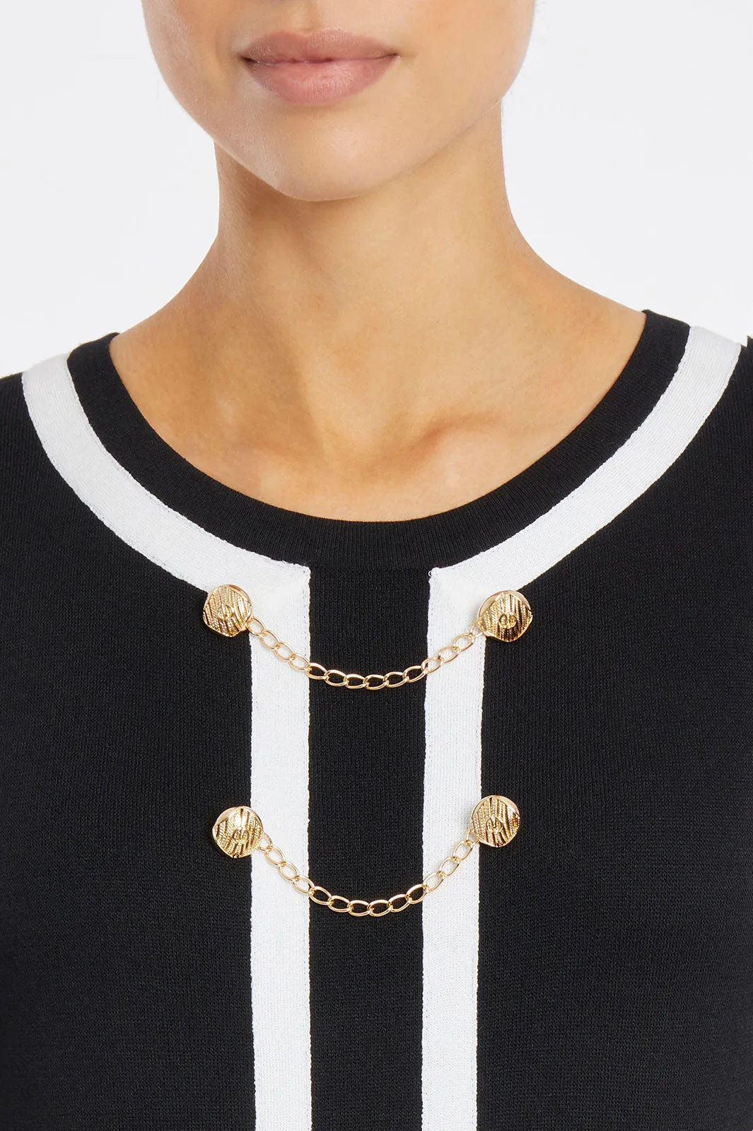 Button Detail Contrast Trim Soft Knit Dress, Black