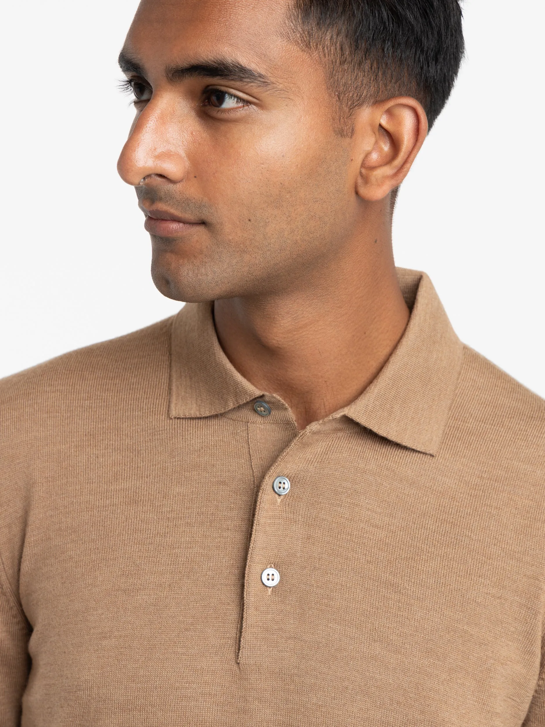 Camel Brown Extra Fine Merino Wool Polo Shirt