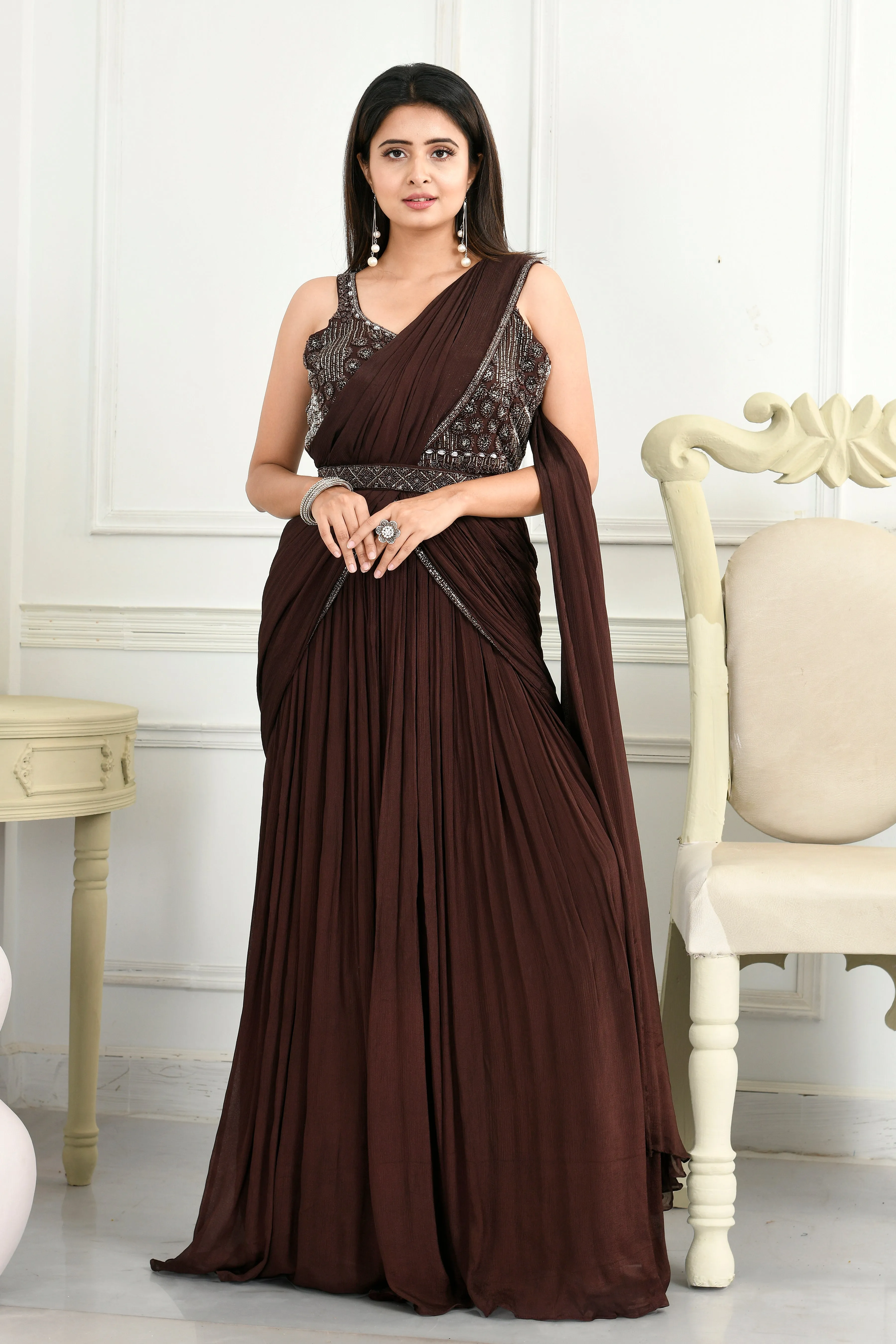 Chinon One Piece in Drape Style with Bead Work, Sippi Work,Cutdana Work and Belt