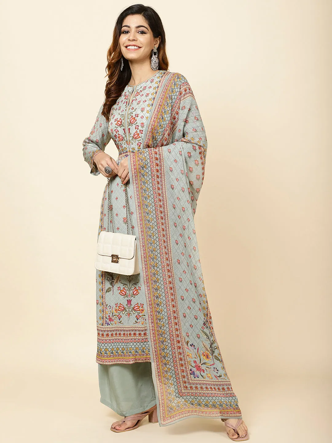 Digital Floral Printed Crepe Kurta With Palazzo & Dupatta