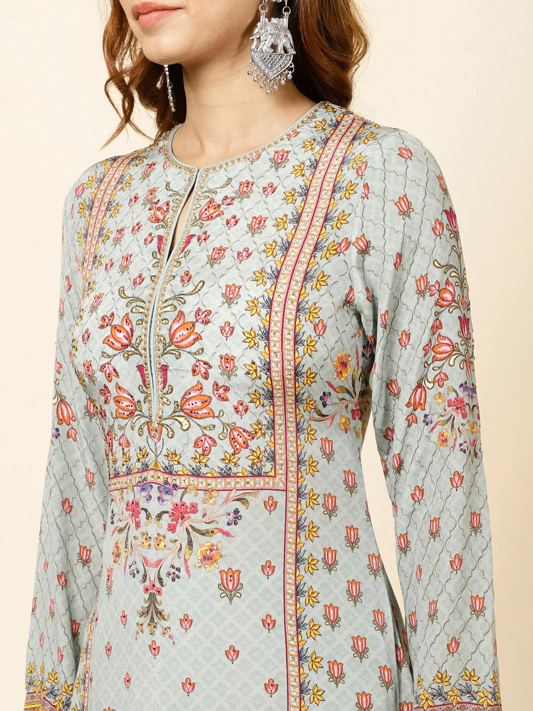 Digital Floral Printed Crepe Kurta With Palazzo & Dupatta