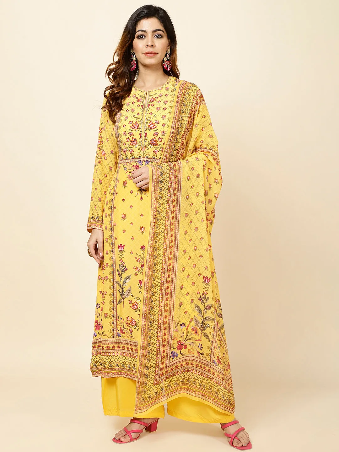 Digital Floral Printed Crepe Kurta With Palazzo & Dupatta