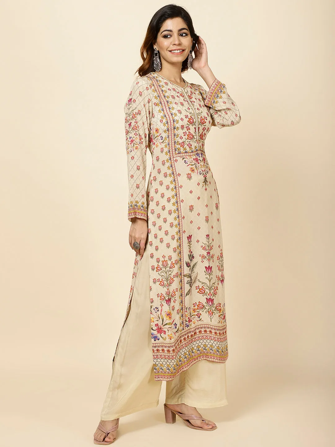 Digital Floral Printed Crepe Kurta With Palazzo & Dupatta