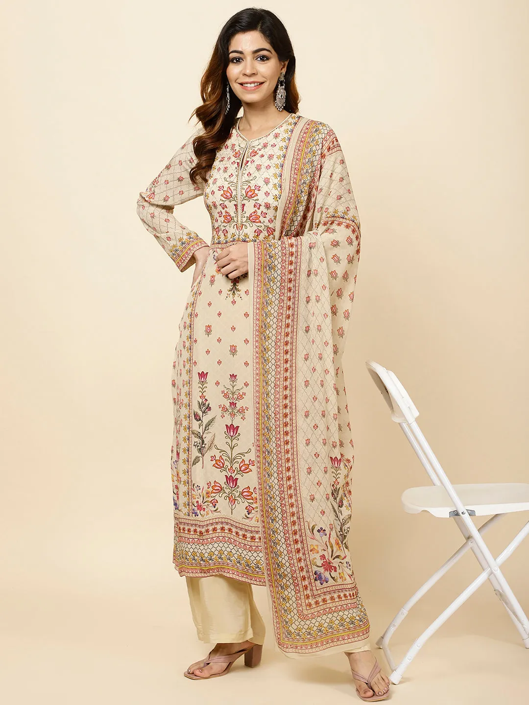 Digital Floral Printed Crepe Kurta With Palazzo & Dupatta