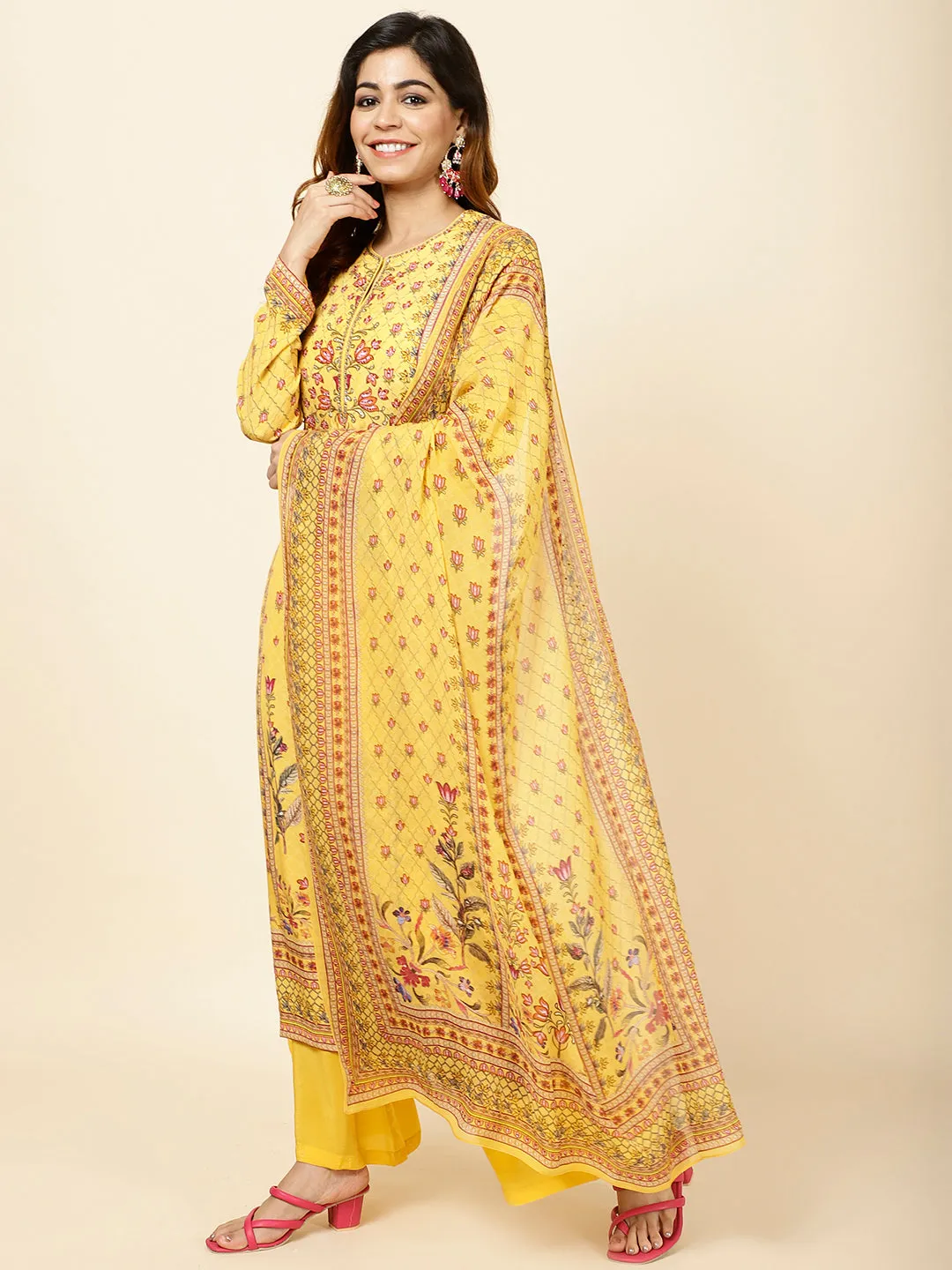 Digital Floral Printed Crepe Kurta With Palazzo & Dupatta