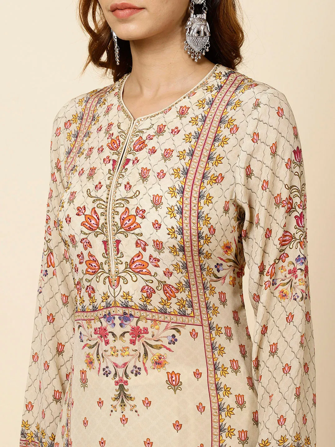 Digital Floral Printed Crepe Kurta With Palazzo & Dupatta