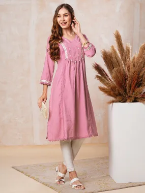 Dobby Striped Resham Embroidered Pleated Paneled Kurta - Pink