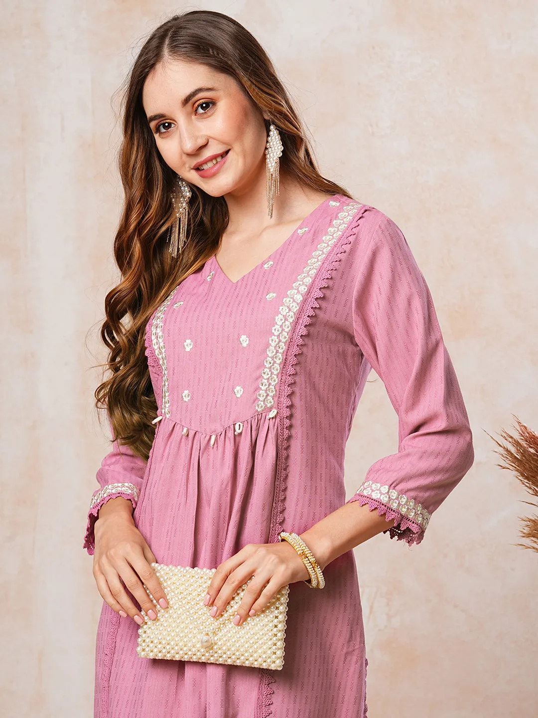 Dobby Striped Resham Embroidered Pleated Paneled Kurta - Pink