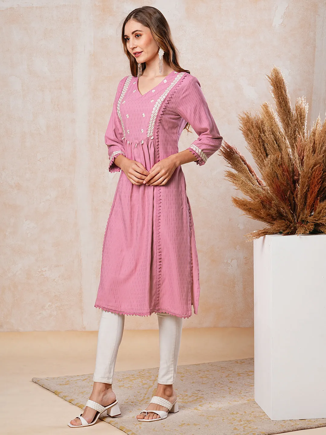 Dobby Striped Resham Embroidered Pleated Paneled Kurta - Pink