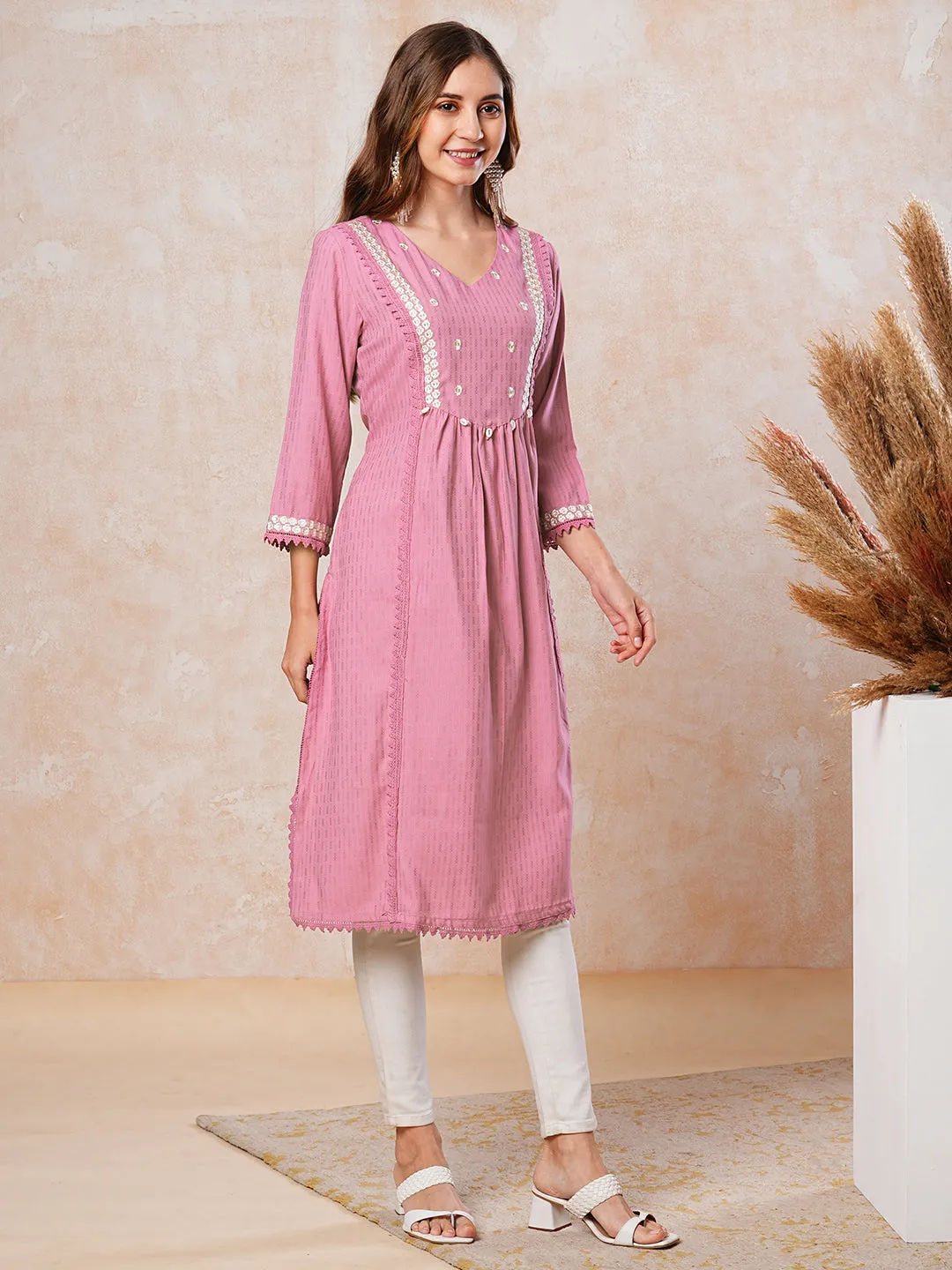 Dobby Striped Resham Embroidered Pleated Paneled Kurta - Pink