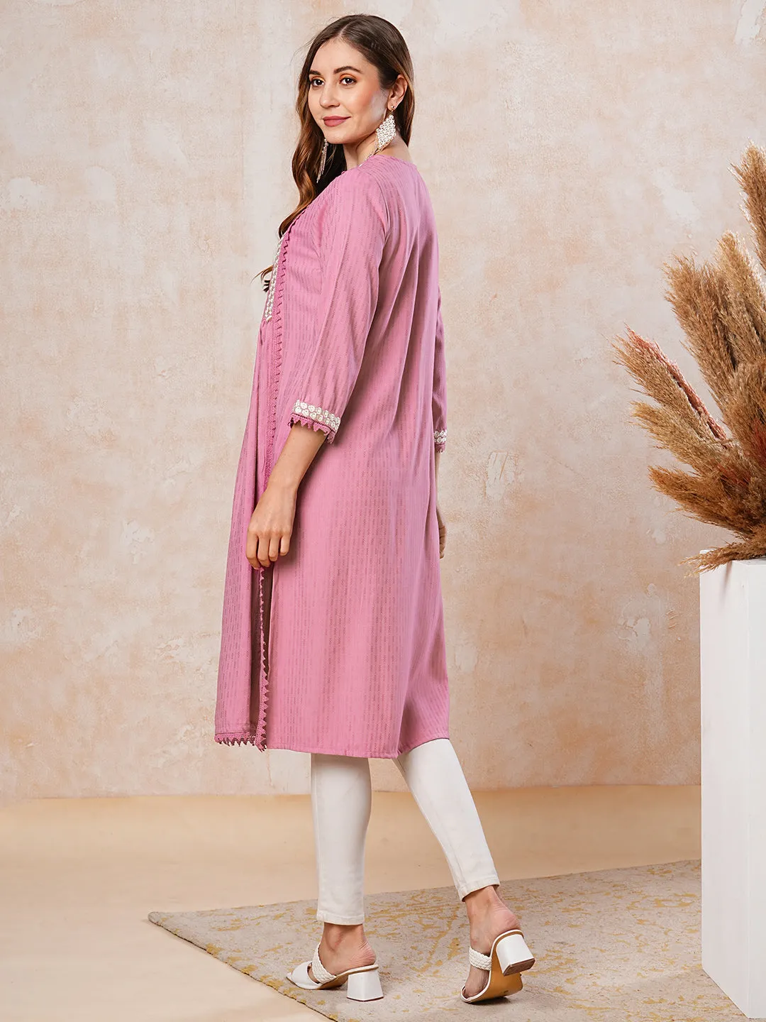 Dobby Striped Resham Embroidered Pleated Paneled Kurta - Pink