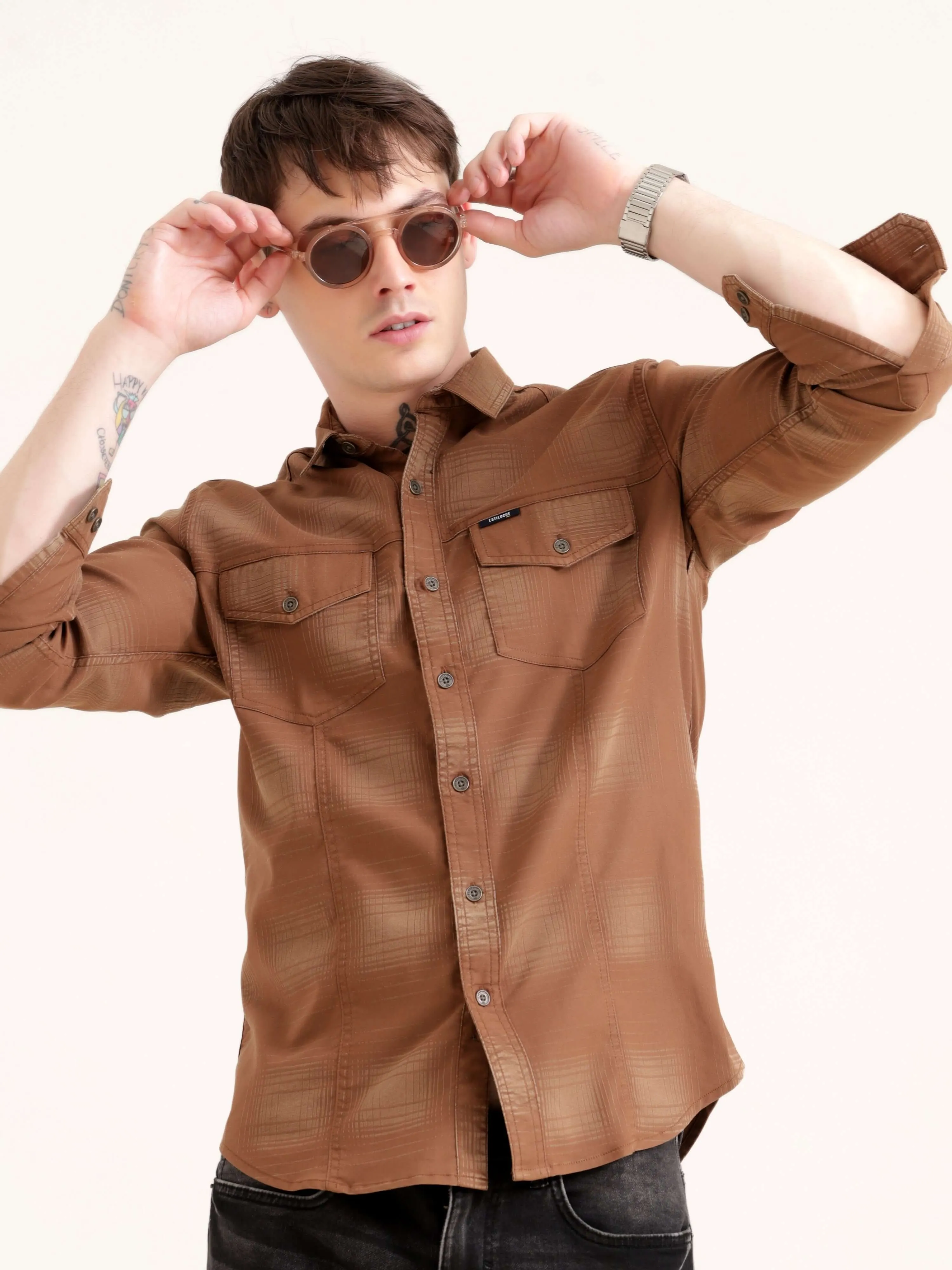 Dusky brown over dyed check shirt