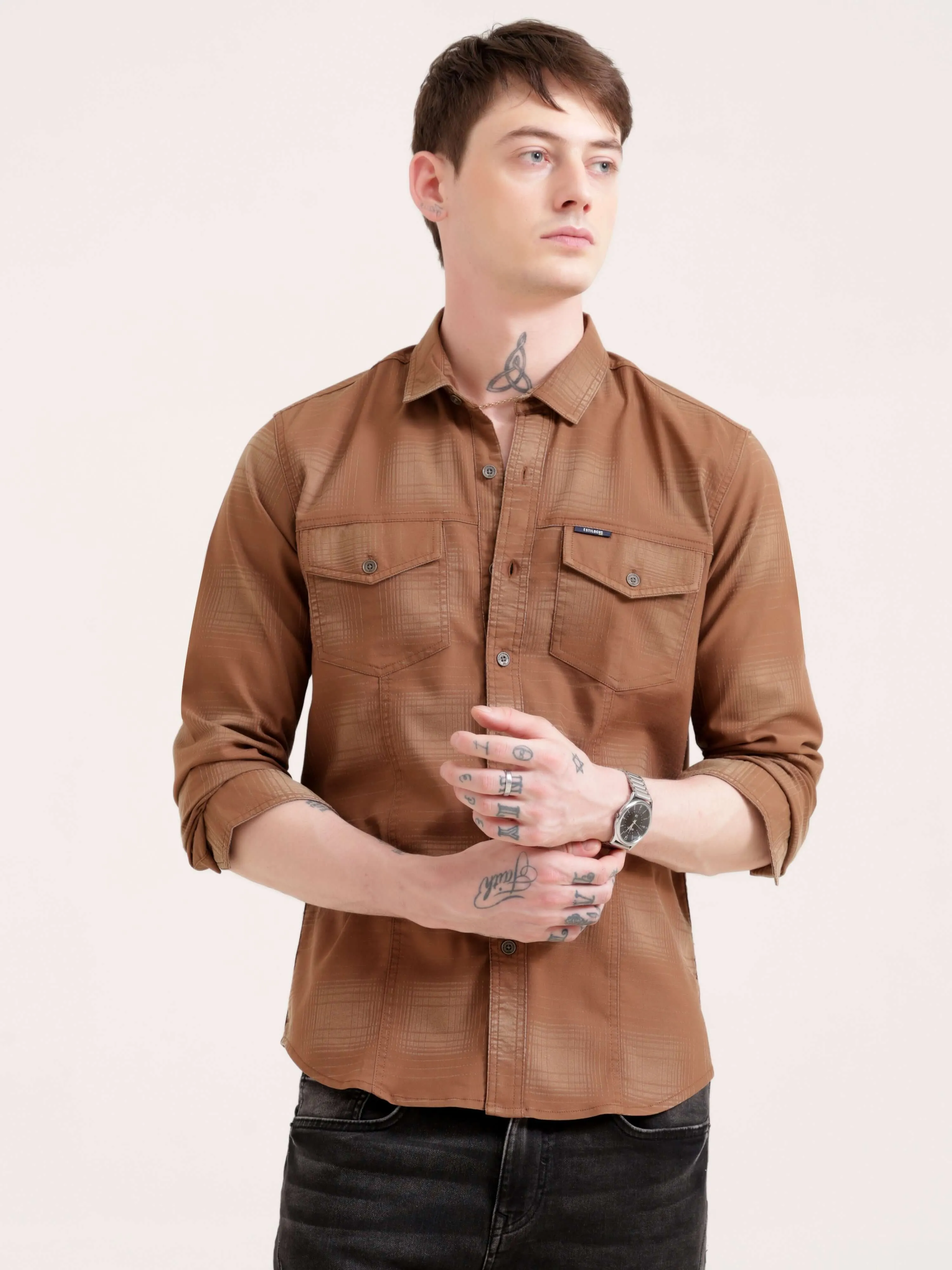 Dusky brown over dyed check shirt