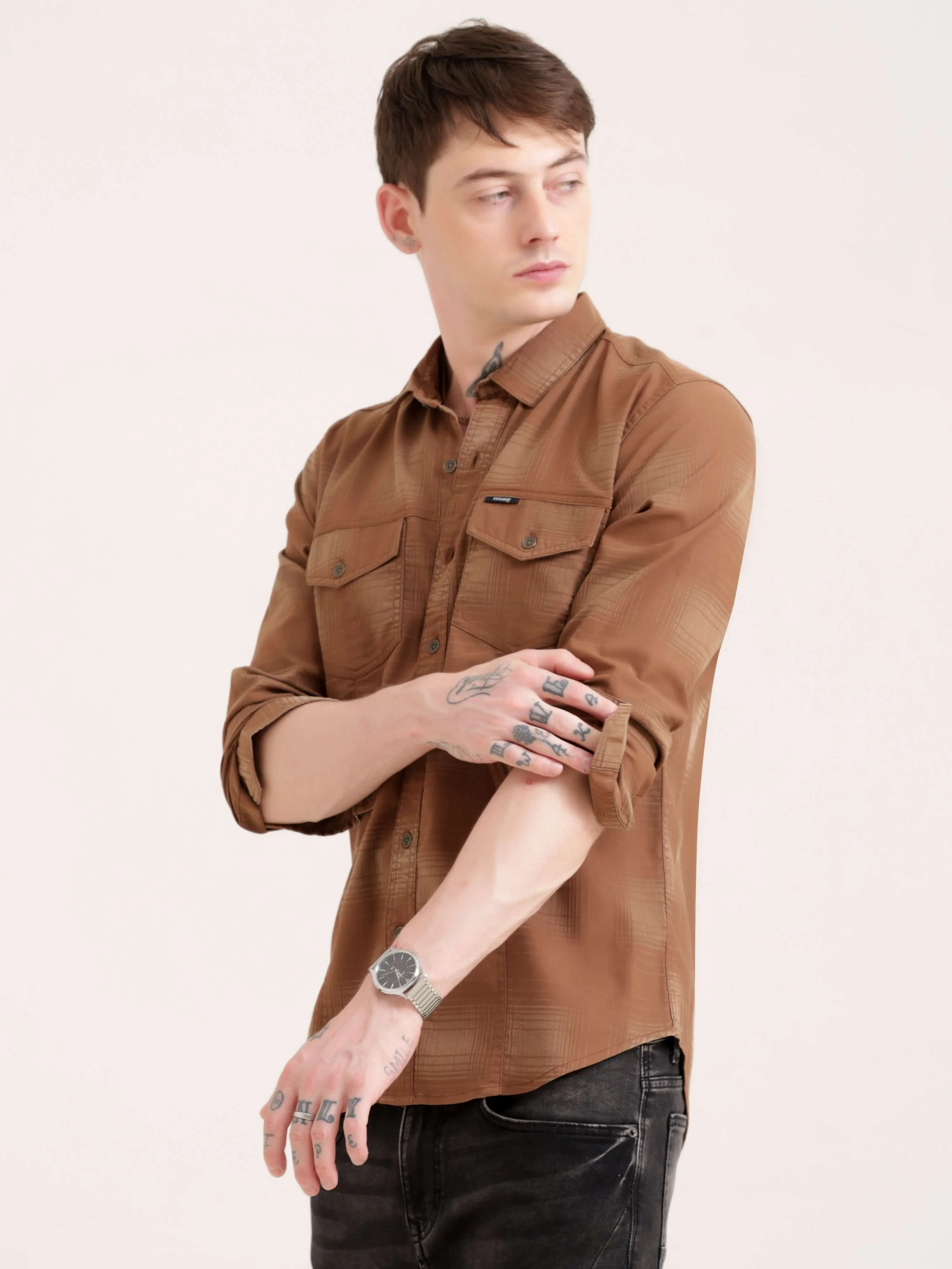 Dusky brown over dyed check shirt