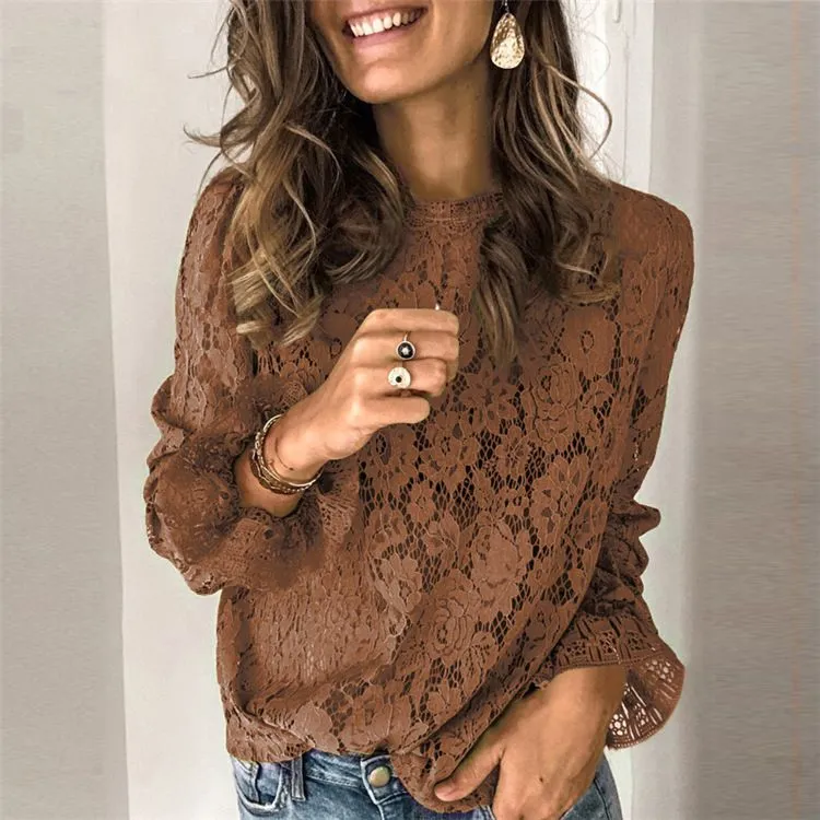 Elegant Lantern Sleeve Crochet Eyelet Mesh Lace Blouse Shirts