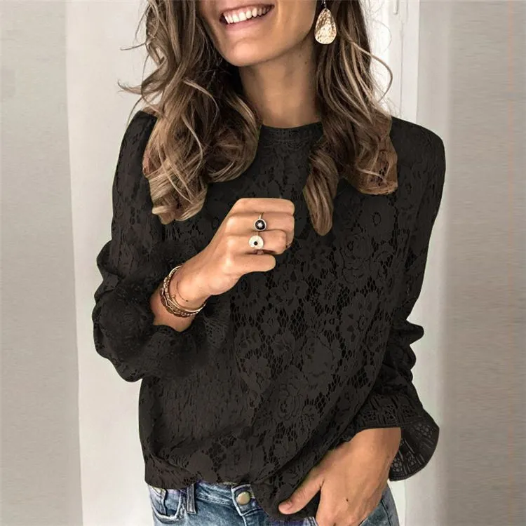 Elegant Lantern Sleeve Crochet Eyelet Mesh Lace Blouse Shirts