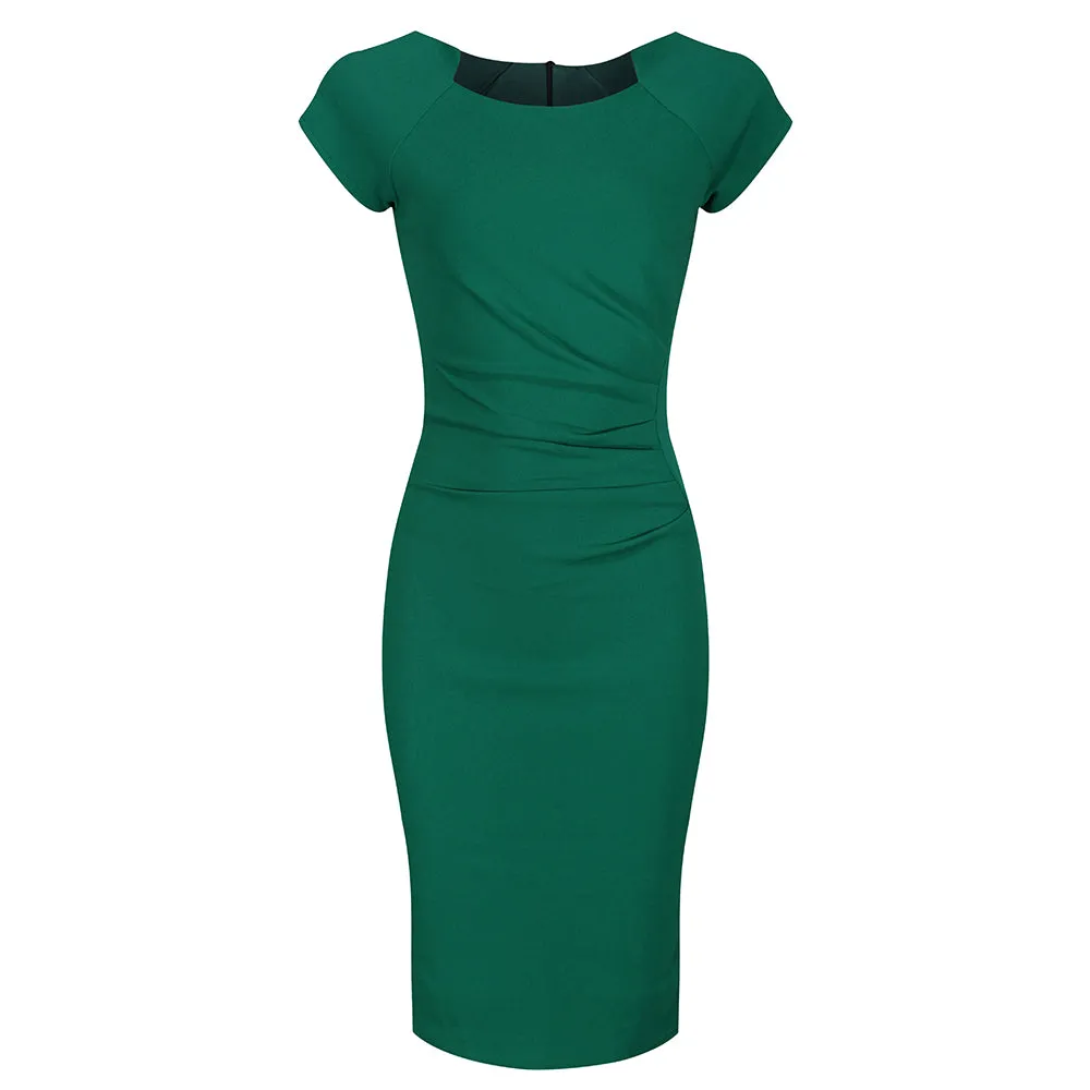 Emerald Green Capped Sleeve Ruched Bodycon Pencil Dress