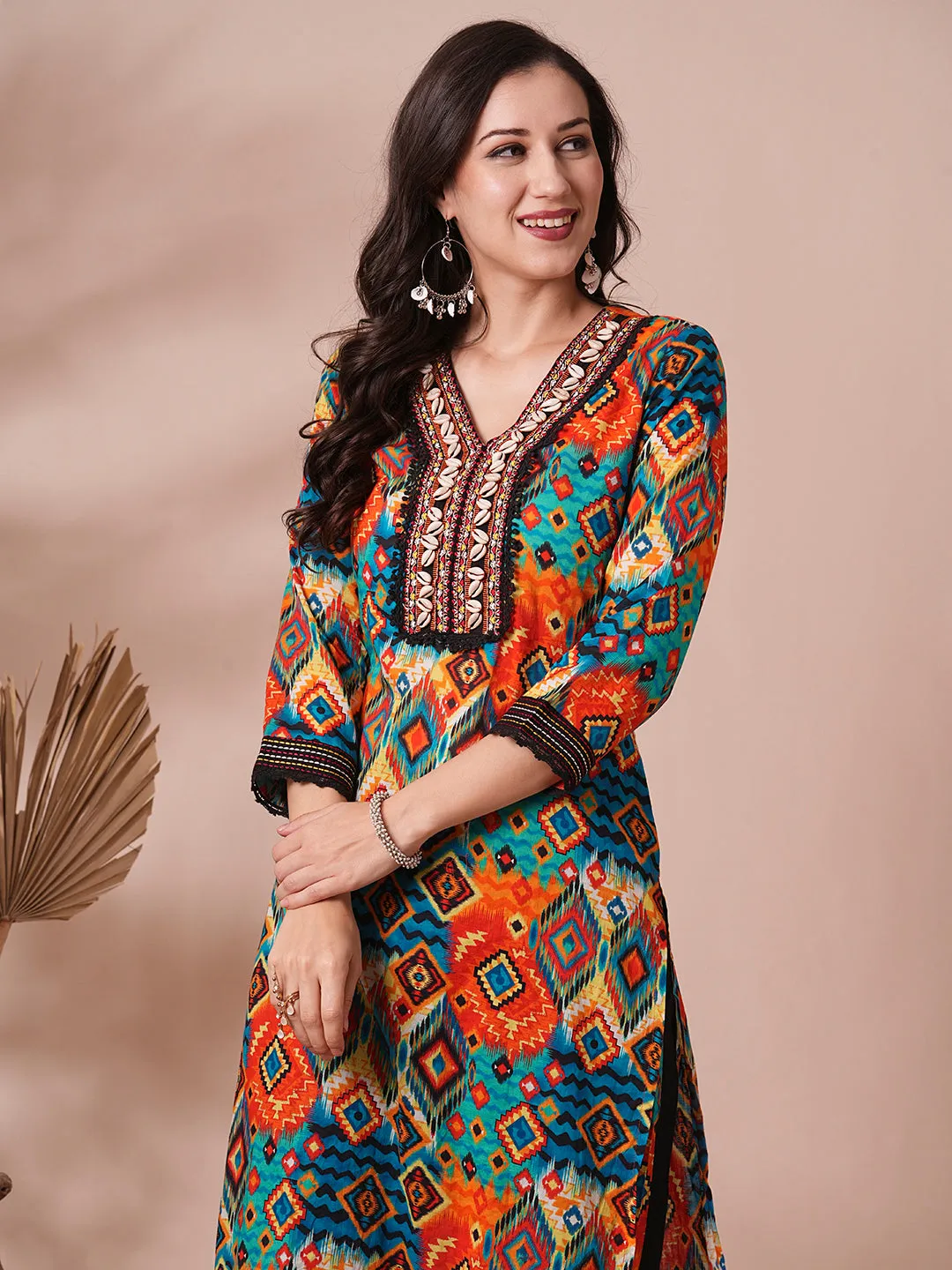 Ethnic Abstract Printed Embroidered Straight Fit Kurta with Palazzo - Multi