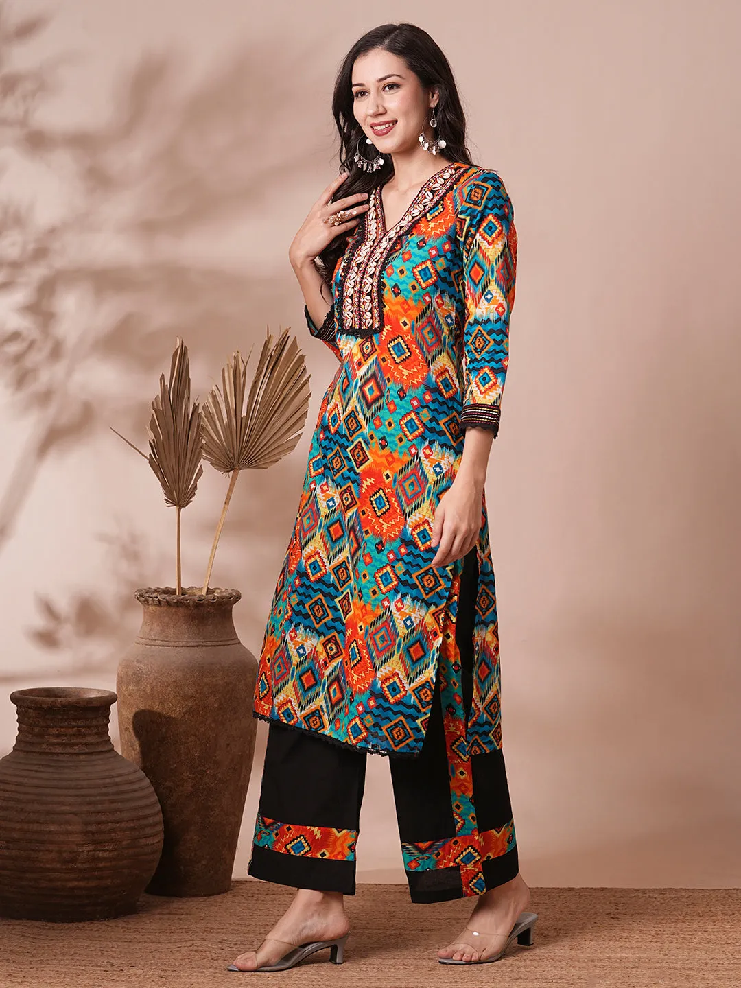 Ethnic Abstract Printed Embroidered Straight Fit Kurta with Palazzo - Multi