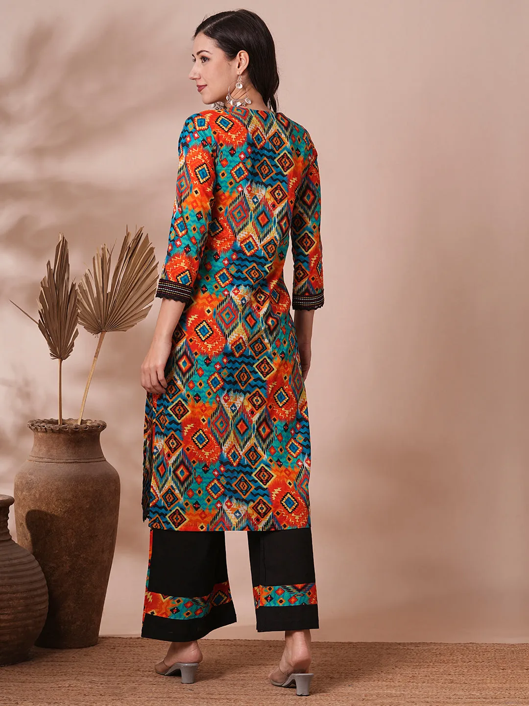 Ethnic Abstract Printed Embroidered Straight Fit Kurta with Palazzo - Multi