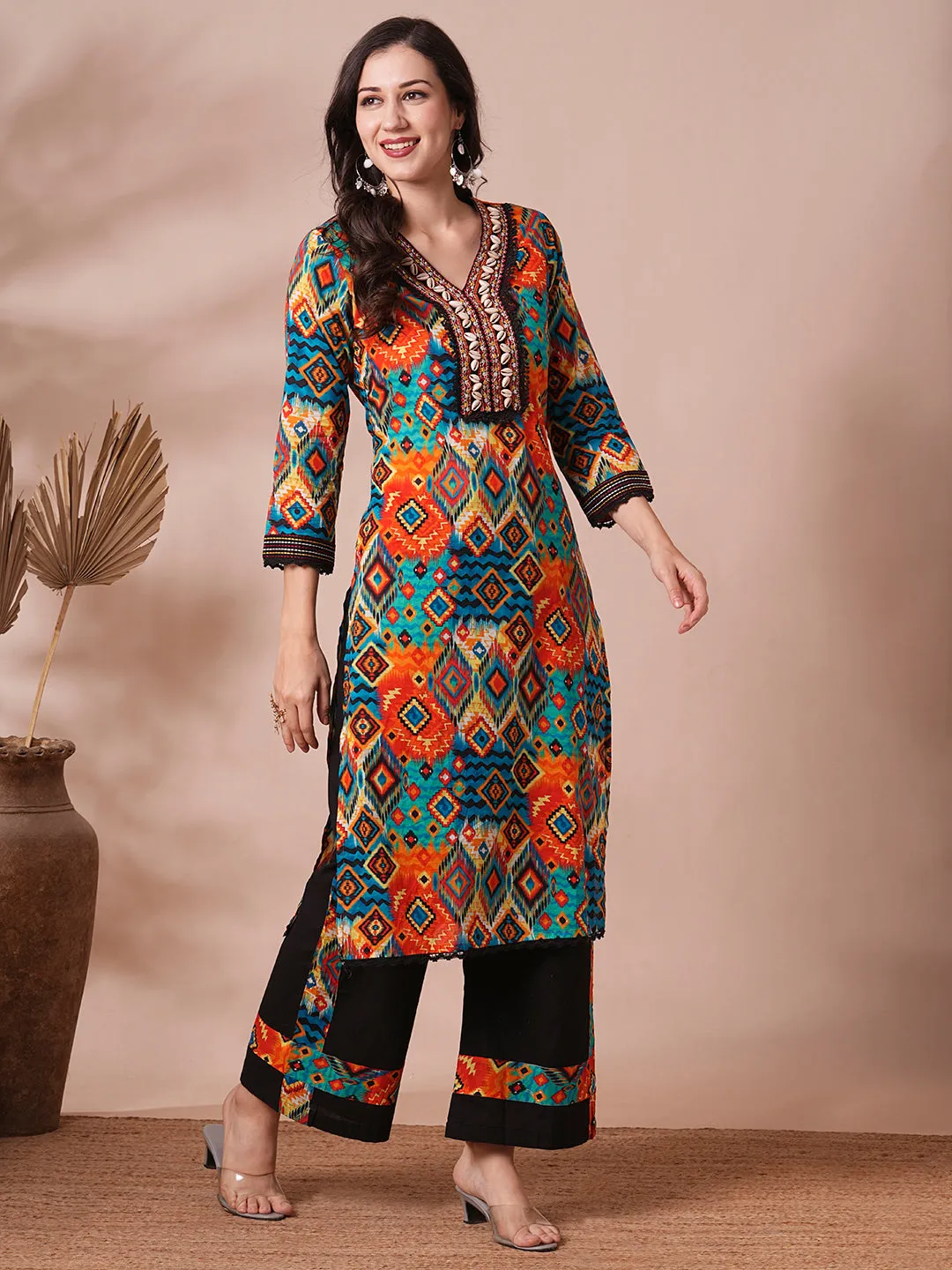 Ethnic Abstract Printed Embroidered Straight Fit Kurta with Palazzo - Multi