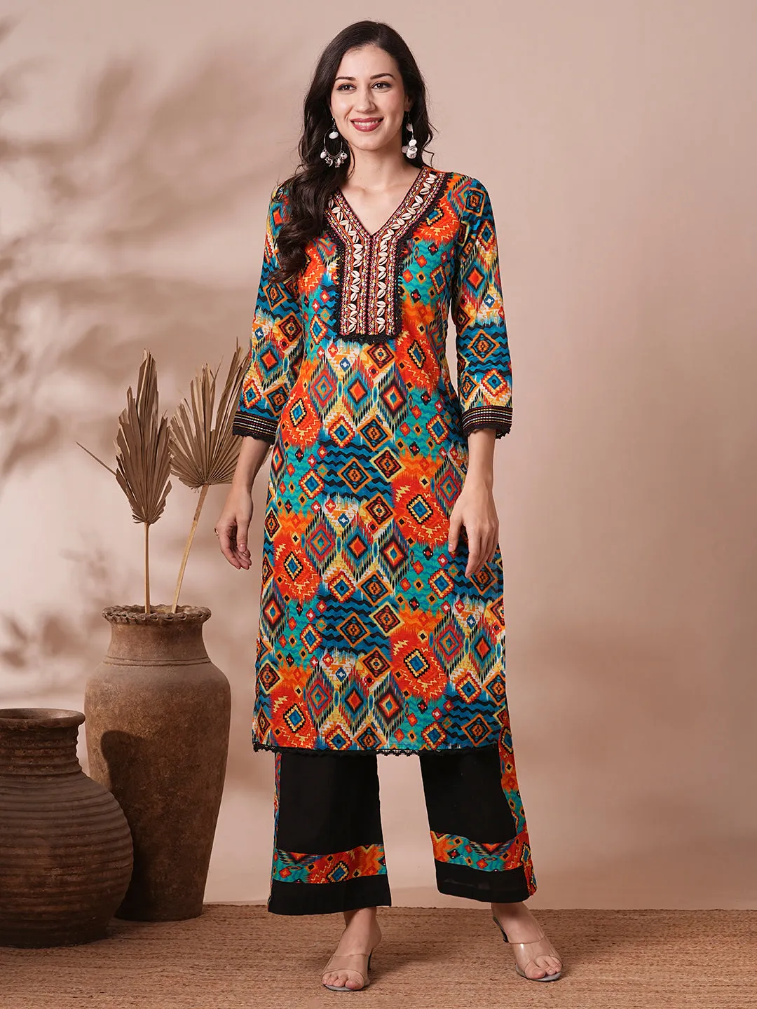 Ethnic Abstract Printed Embroidered Straight Fit Kurta with Palazzo - Multi