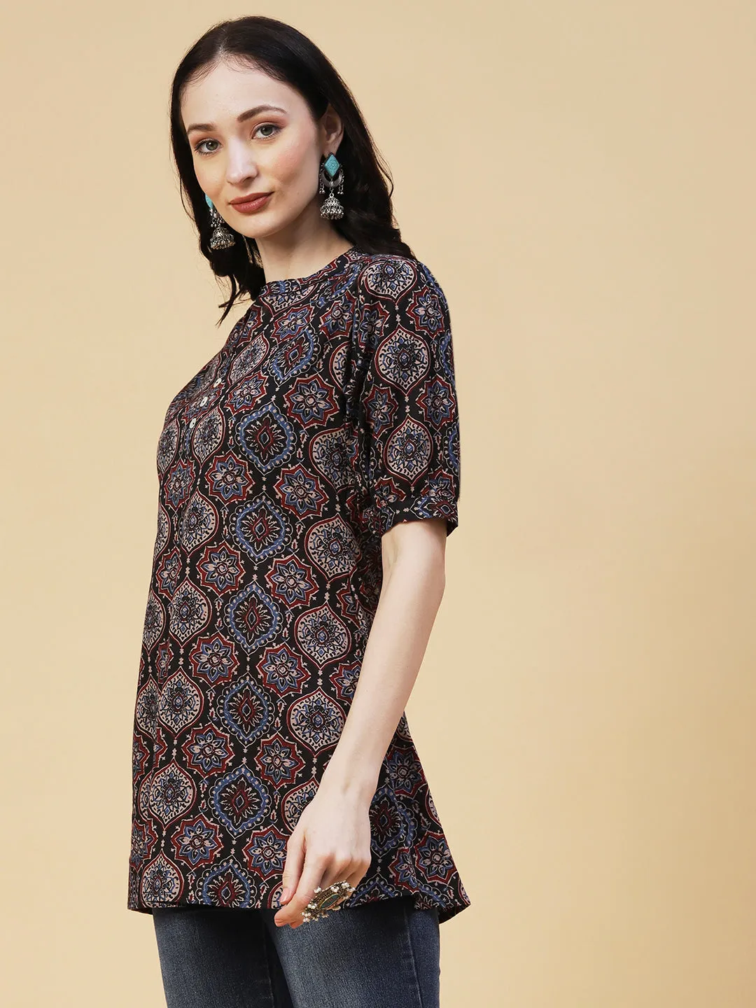 Ethnic Ajarakh Block Printed Mother-of-Pearl Buttoned Short Kurti - Black