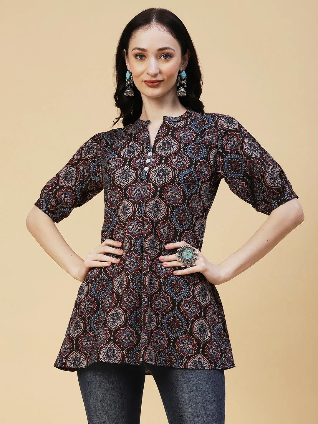 Ethnic Ajarakh Block Printed Mother-of-Pearl Buttoned Short Kurti - Black