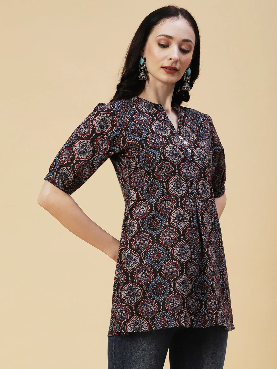 Ethnic Ajarakh Block Printed Mother-of-Pearl Buttoned Short Kurti - Black