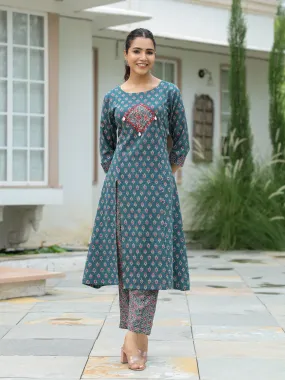 Ethnic & Kantha Printed & Mirror Embroidered A-Line Kurta with Pant - Green