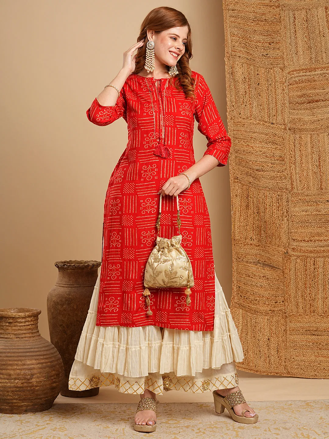 Ethnic Bandhani Foil Printed Straight Fit Kurta - Red