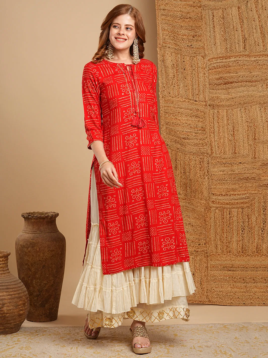 Ethnic Bandhani Foil Printed Straight Fit Kurta - Red