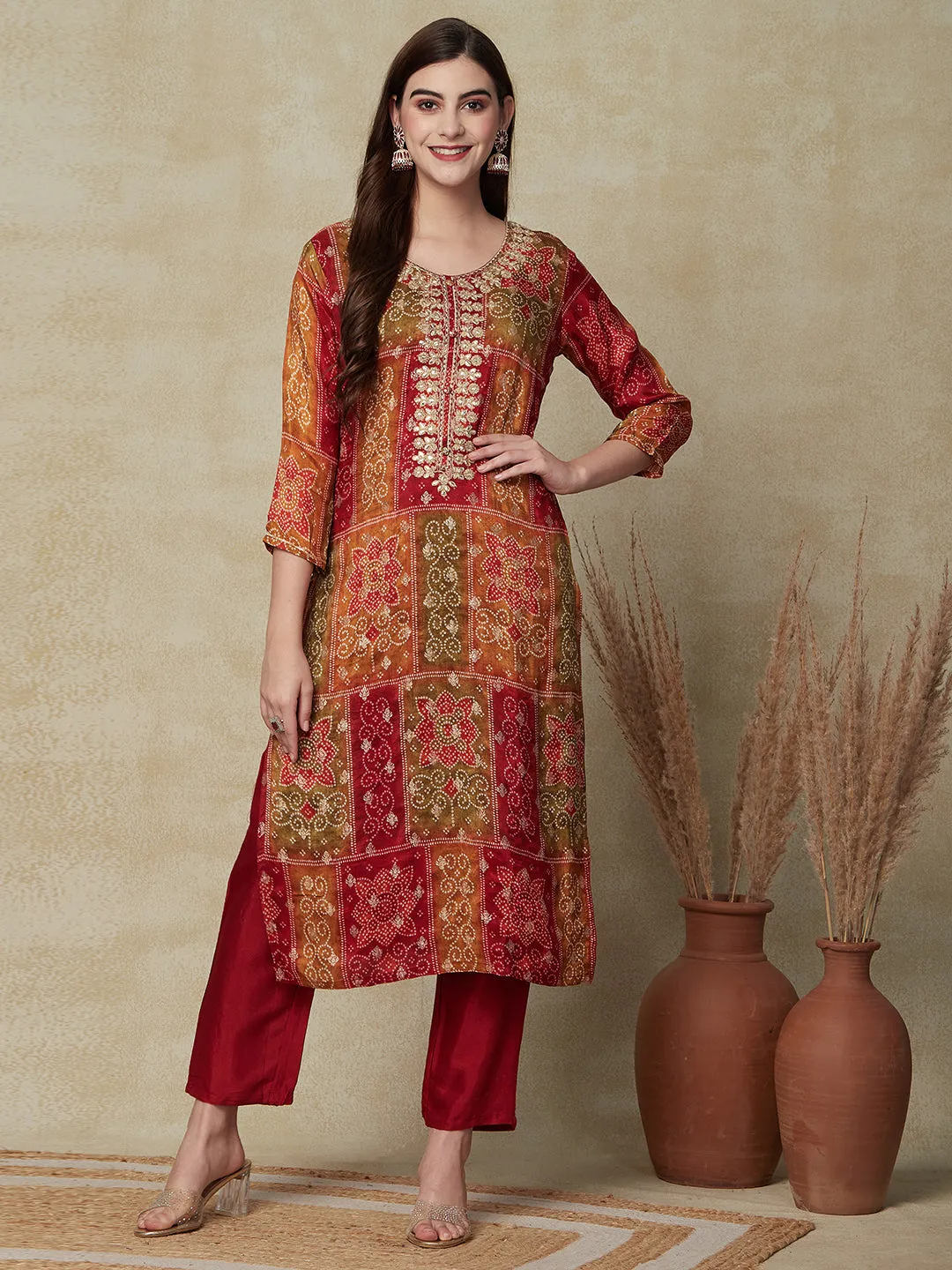 Ethnic Bandhani Printed & Embroidered Kurta with Pant & Dupatta - Maroon