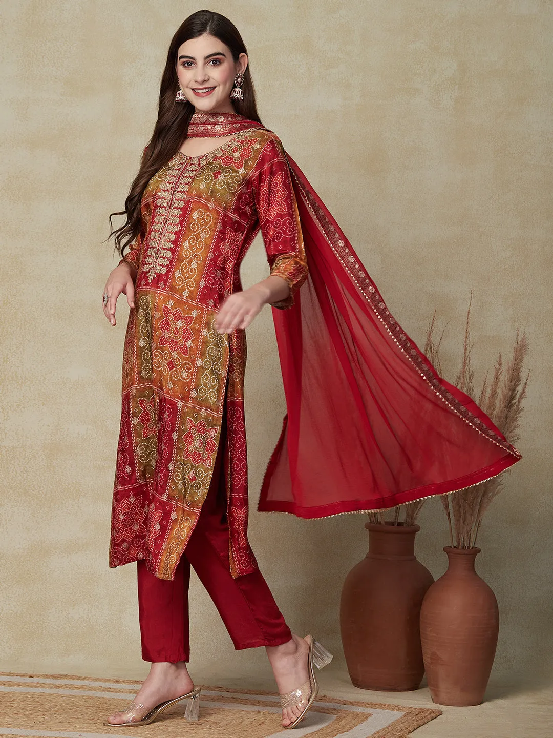 Ethnic Bandhani Printed & Embroidered Kurta with Pant & Dupatta - Maroon