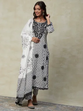 Ethnic Block Printed Resham Embroidered Kurta with Pants & Dupatta - White & Black