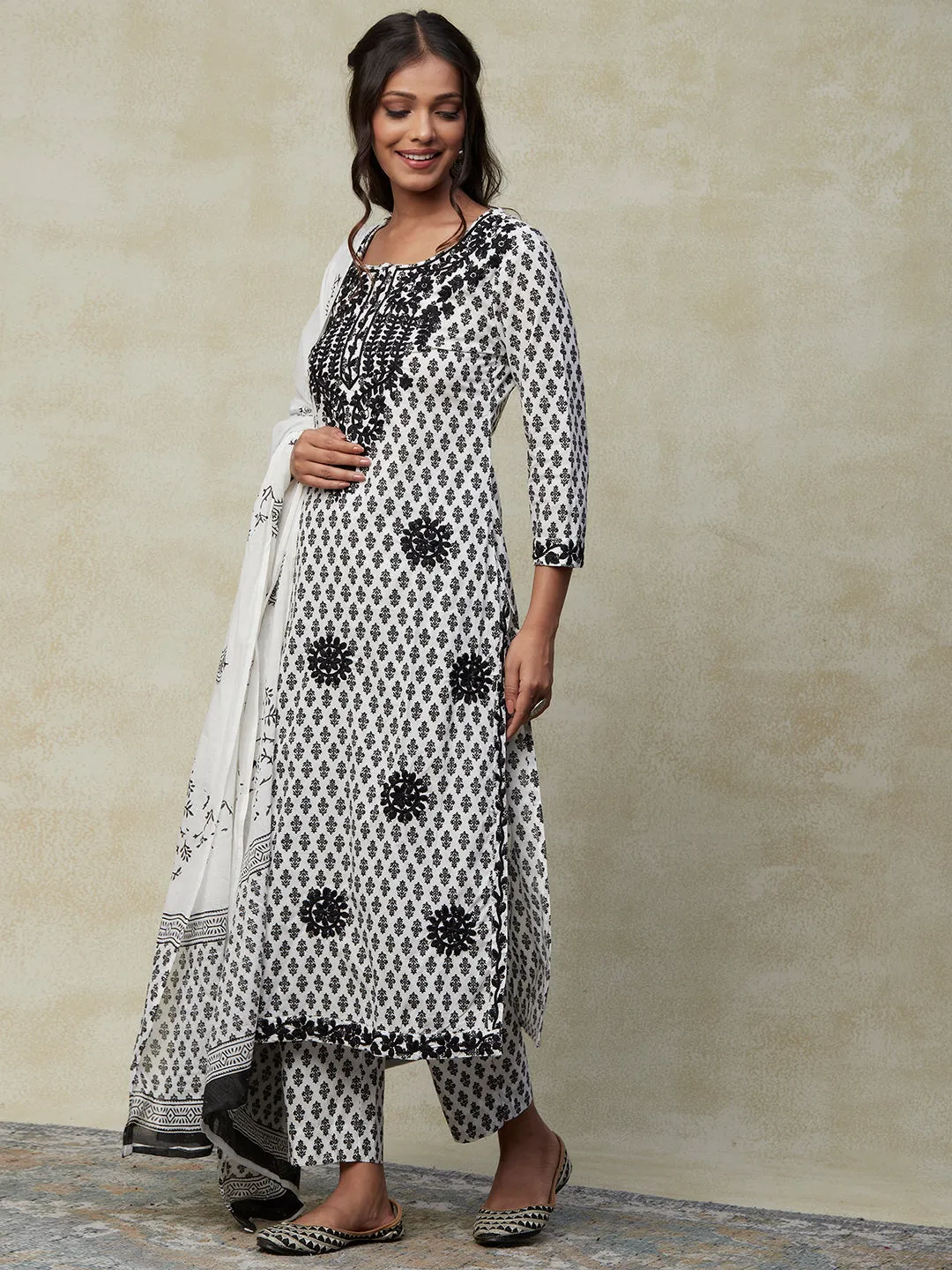 Ethnic Block Printed Resham Embroidered Kurta with Pants & Dupatta - White & Black