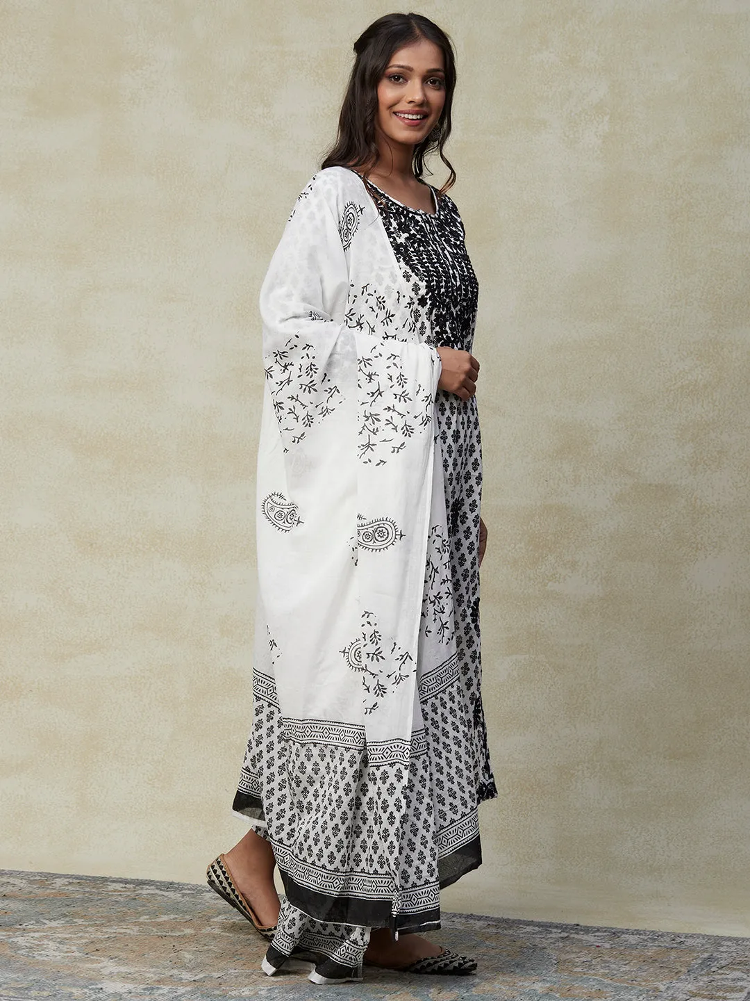 Ethnic Block Printed Resham Embroidered Kurta with Pants & Dupatta - White & Black