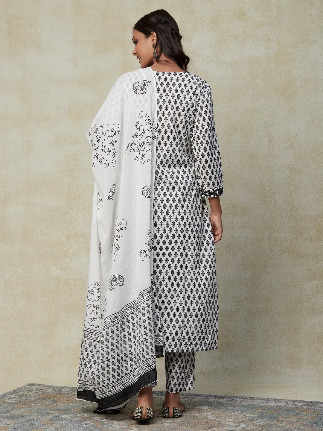 Ethnic Block Printed Resham Embroidered Kurta with Pants & Dupatta - White & Black