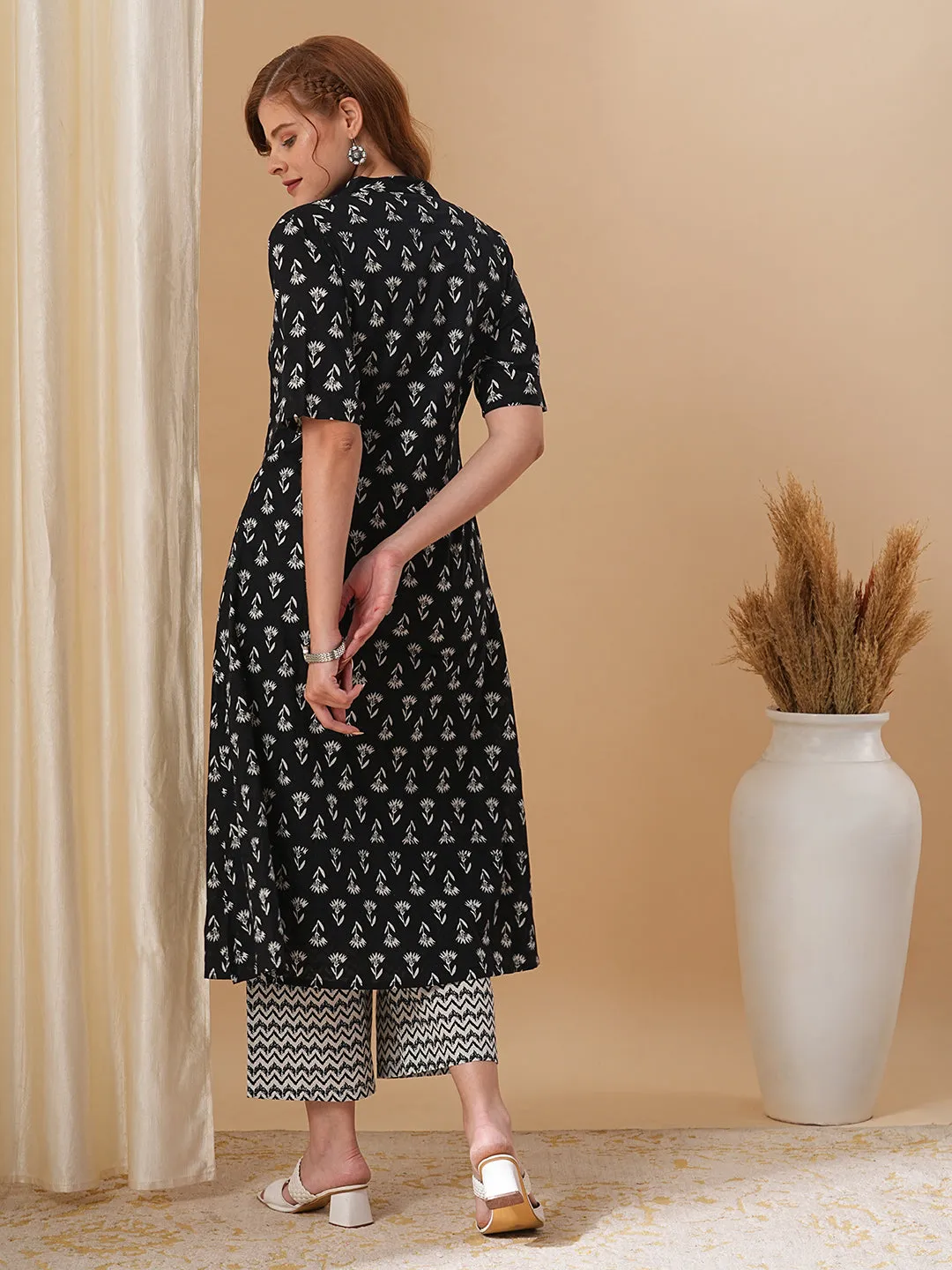 Ethnic Buta Printed A-Line Paneled Kurta with Pant - Black