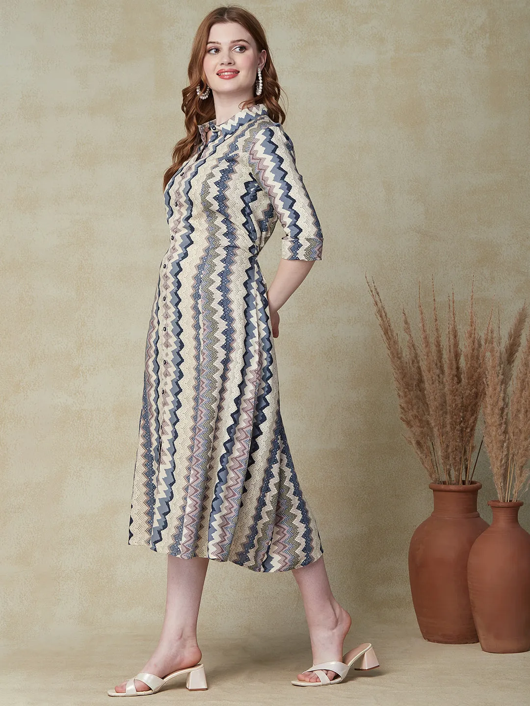 Ethnic Chevron Printed A-Line Paneled Kurta - Blue