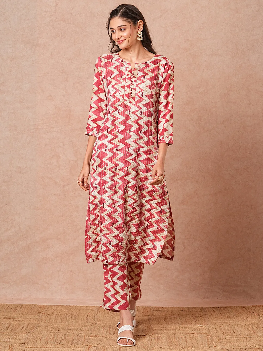 Ethnic Chevron Printed & Sequin Embroidered Straight Fit Kurta with Pant - Magenta