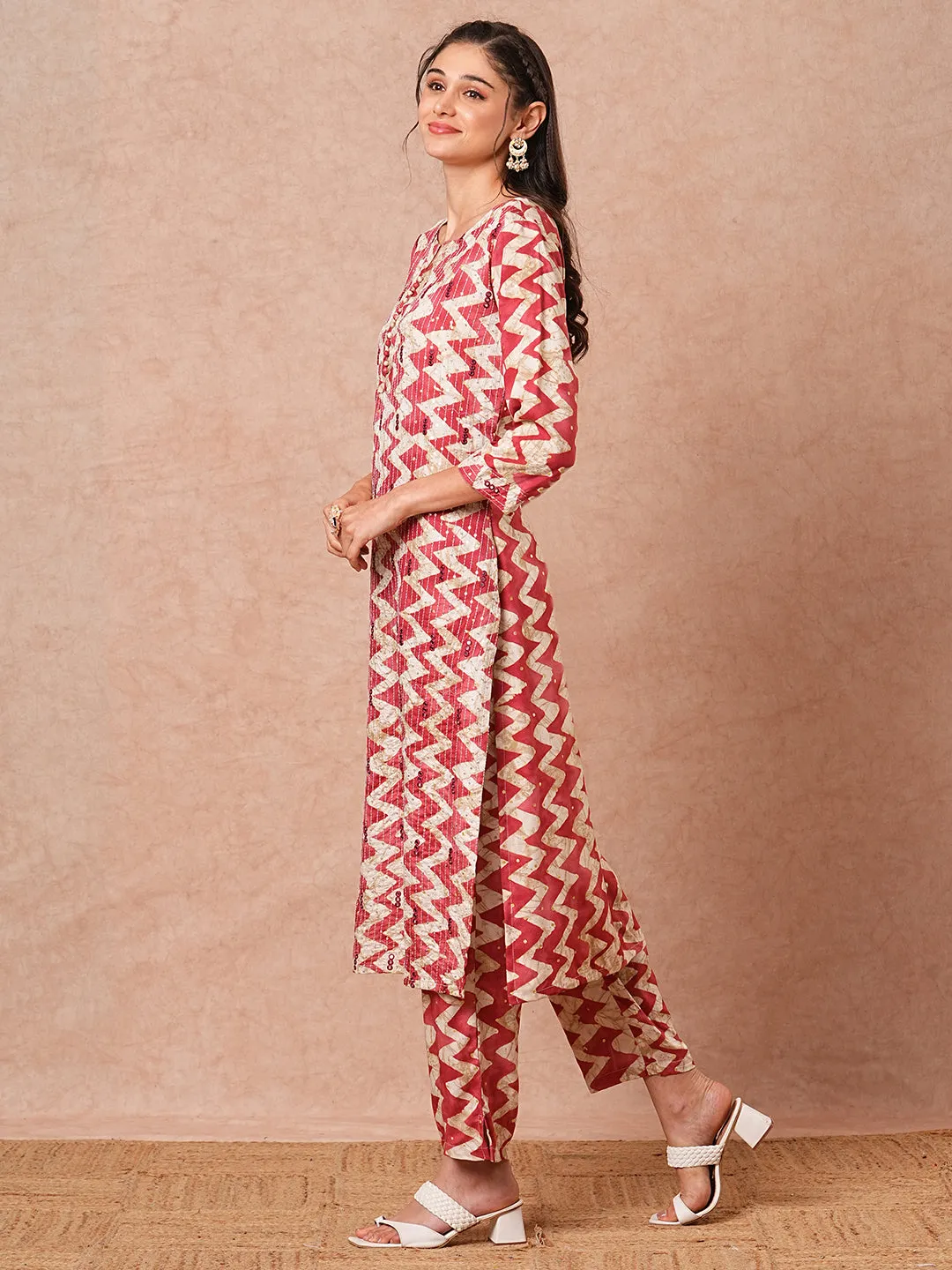 Ethnic Chevron Printed & Sequin Embroidered Straight Fit Kurta with Pant - Magenta