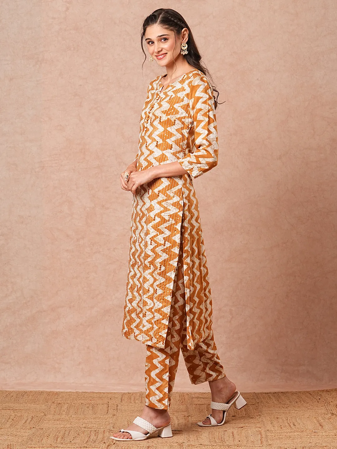 Ethnic Chevron Printed & Sequin Embroidered Straight Fit Kurta with Pant - Mustard