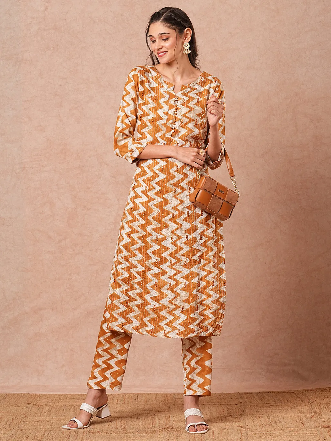 Ethnic Chevron Printed & Sequin Embroidered Straight Fit Kurta with Pant - Mustard